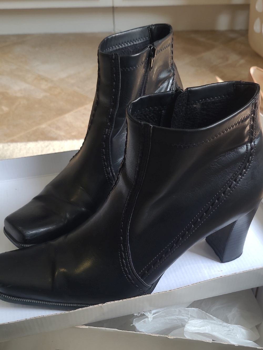 Franco Sarto Black Leather Square-Toe Ankle Booties - Picture 3 of 12